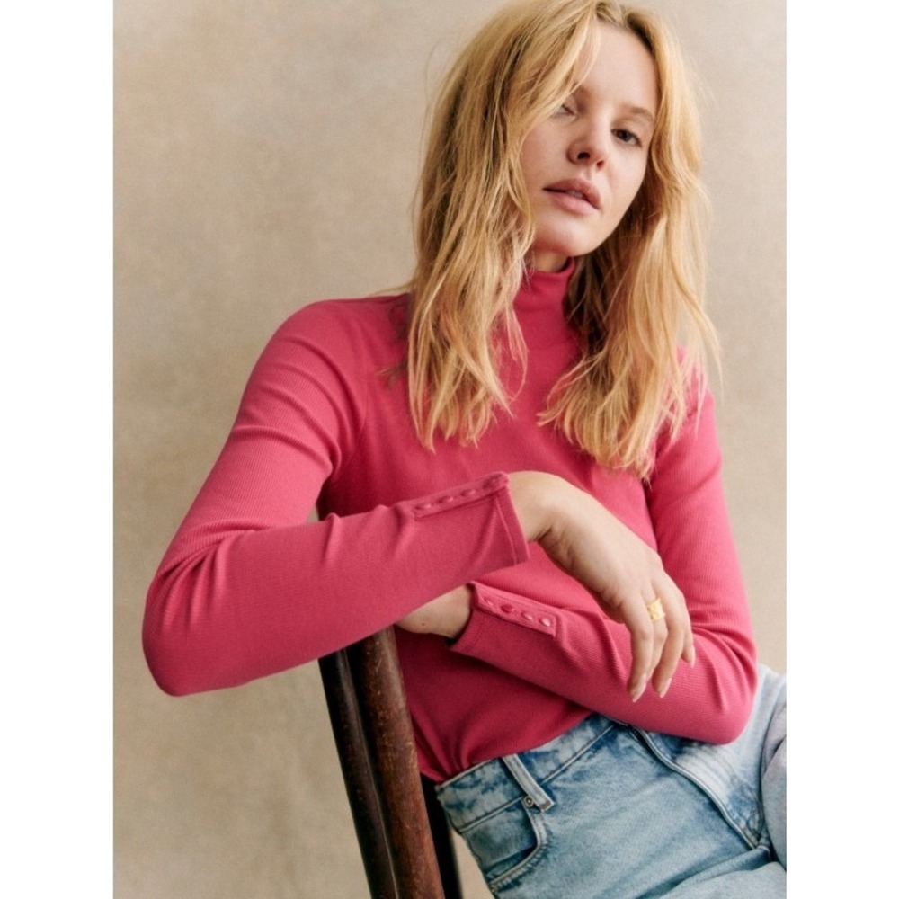 Sezane Felix Jumper Pop Pink Ribbed High Neck Light Sweater‎ S Minimalist Luxury
